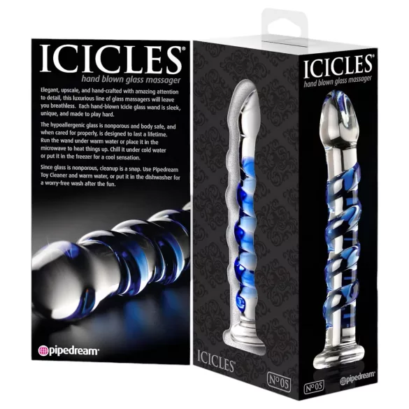 Icicles No. 5 - stekleni dildo spiralni - prozorno-modra