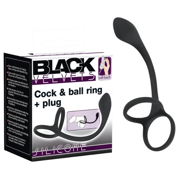Črni žamet - tanek analni dildo s prstanom za penis in moda (črna)