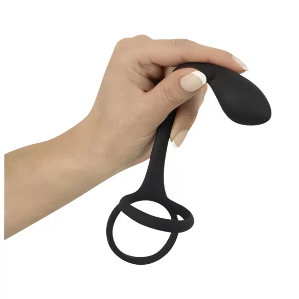Black Velvets - tanek analni dildo s penis in moda prstanom - črna