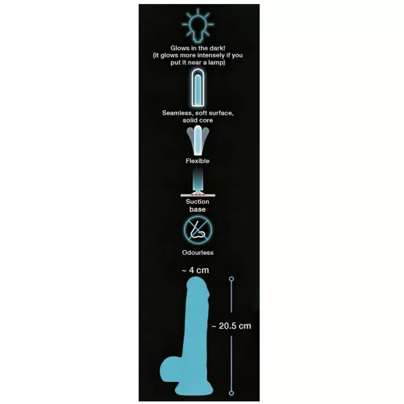 You2Toys - dildo z oprijemom - sveti v temi - modra