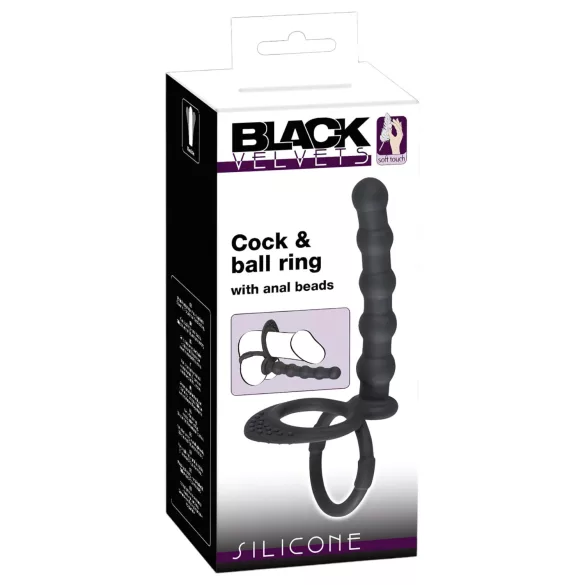Black Velvets - erekcijski in penis obroč z analnim dildom - črna