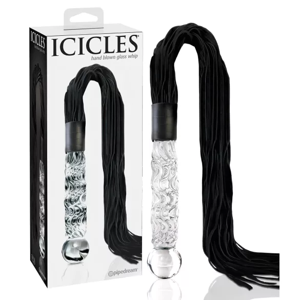 Icicles No. 38 - bič iz umetnega usnja in stekleni dildo - prozorno črna