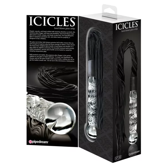 Icicles No. 38 - bič iz umetnega usnja in stekleni dildo - prozorno črna