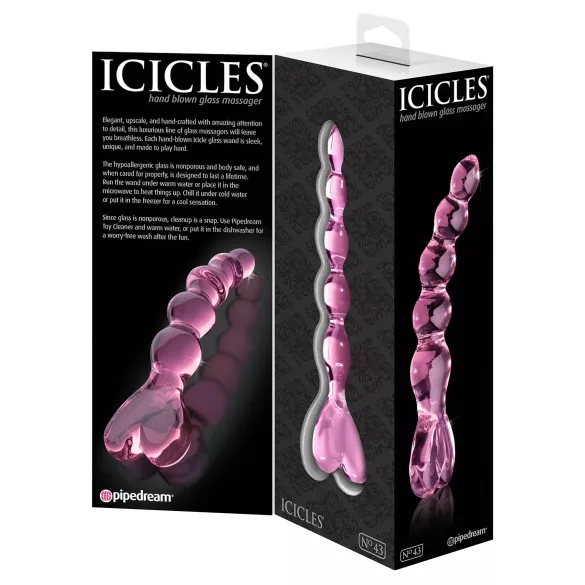Icicles No. 43 - stekleni dildo z bunkicami in srcem - roza
