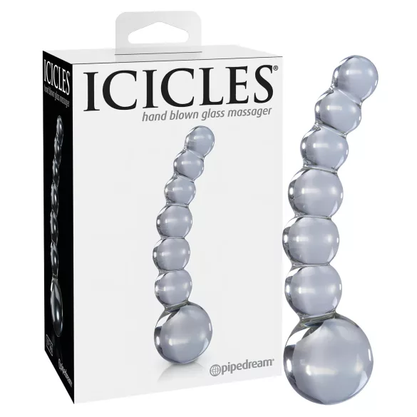 Icicles No. 66 - stekleni dildo z ukrivljenim in krogličnim dizajnom - prozorna