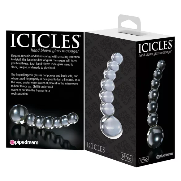Icicles No. 66 - stekleni dildo z ukrivljenim in krogličnim dizajnom - prozorna
