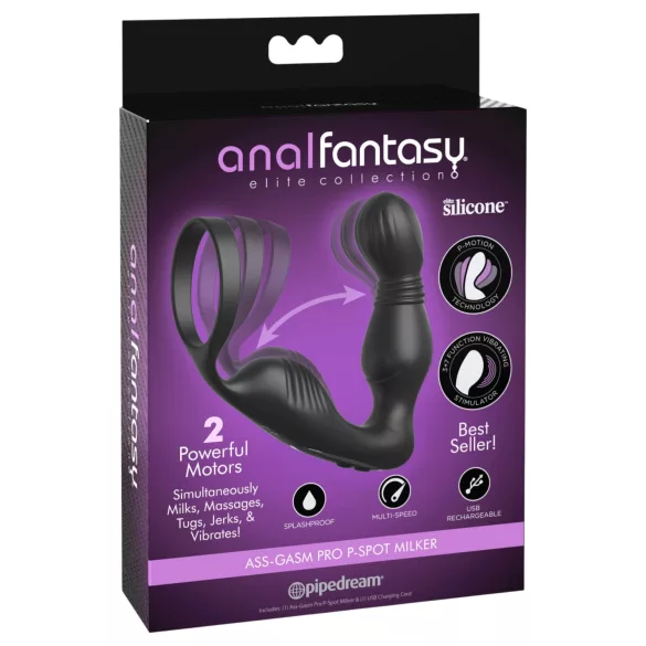 Anal Fantasy Elite - vibrirajoč masažer prostate s penisnim obročkom (črn)