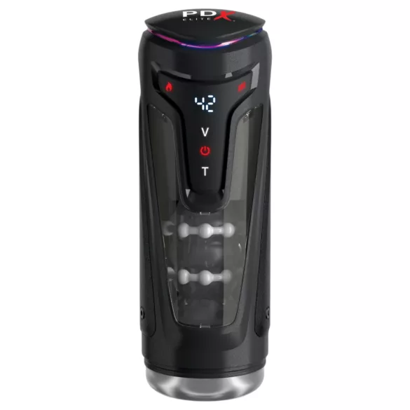 PDX Elite Moto-Bator Pro - biserni, ogrevani potisni masturbator (črn)