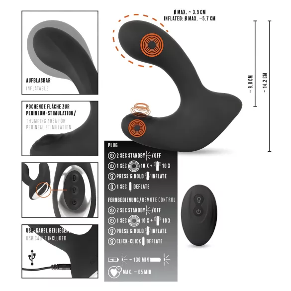 Rebel RC - polnilni analni vibrator na daljinsko upravljanje - napihljiv, črn