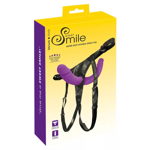 SMILE - pripenljiv dvojni dildo z jermenom - silikon - vijolično-črna