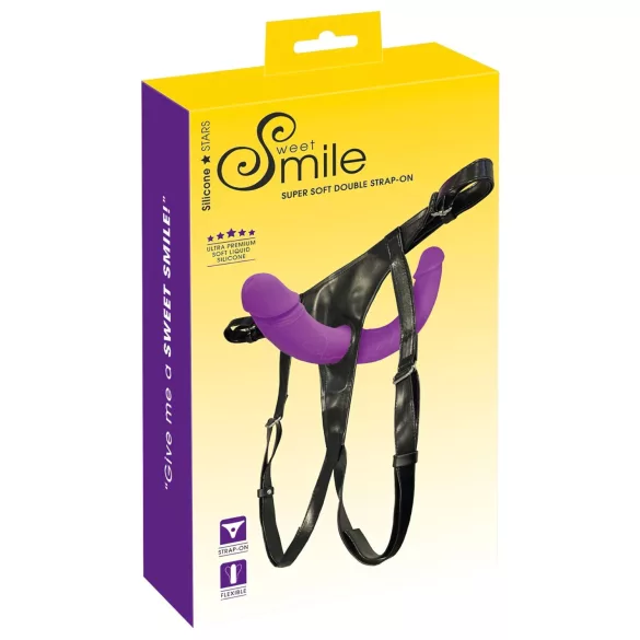 SMILE - pripenljiv dvojni dildo z jermenom - silikon - vijolično-črna