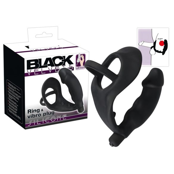 Črni žamet - analni vibrator z obročkom za penis in mošnjo (črn)