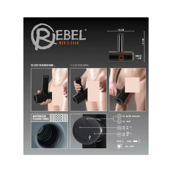 Rebel - moški masturbator z vibracijo in premikanjem gor-dol - črna