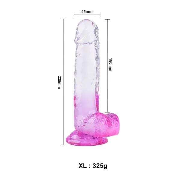 Sunfo - dildo s modom za prisesanje in testisi - 22 cm - prozorno vijolična