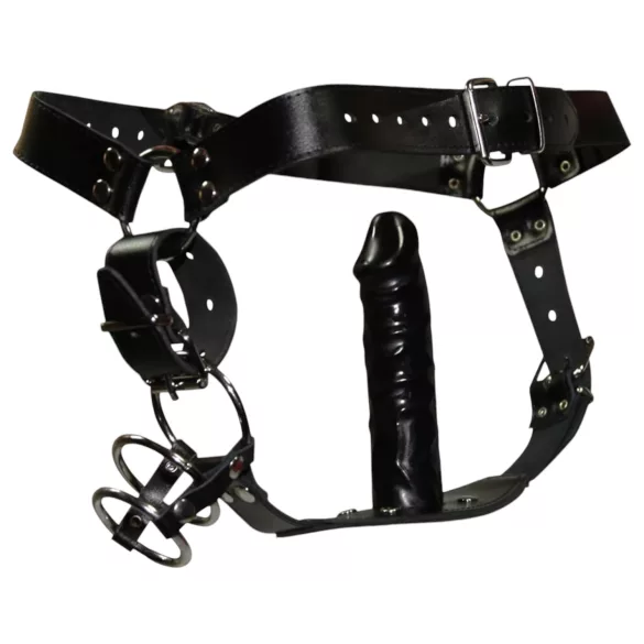 ZADO - usnjeni tanga z dildo in 3 erekcijskimi obročki - L/XL