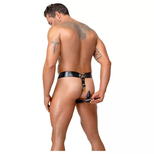 ZADO - črn usnjen nedolžnostni pas tanga z 2 ključavnicama (S-2XL)