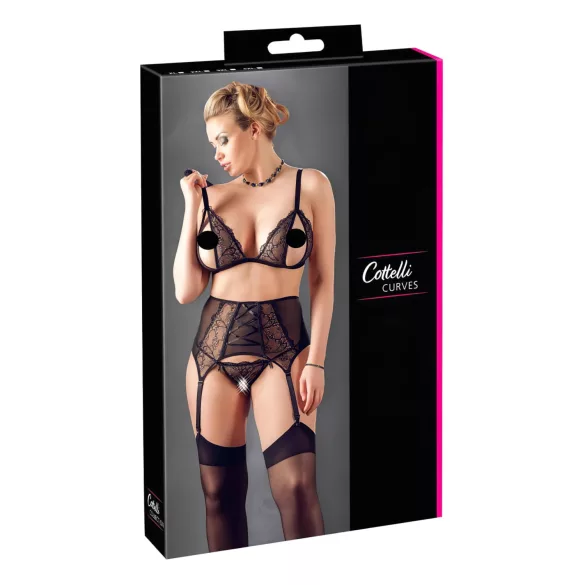 Cottelli Plus Size - komplet čipkasto perilo - črno - 3-delni set