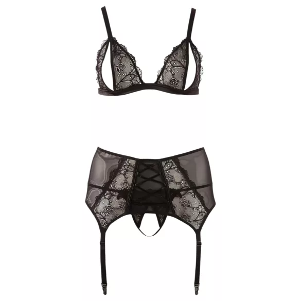 Cottelli Plus Size - komplet čipkasto perilo - črno - 3-delni set - XXXXL