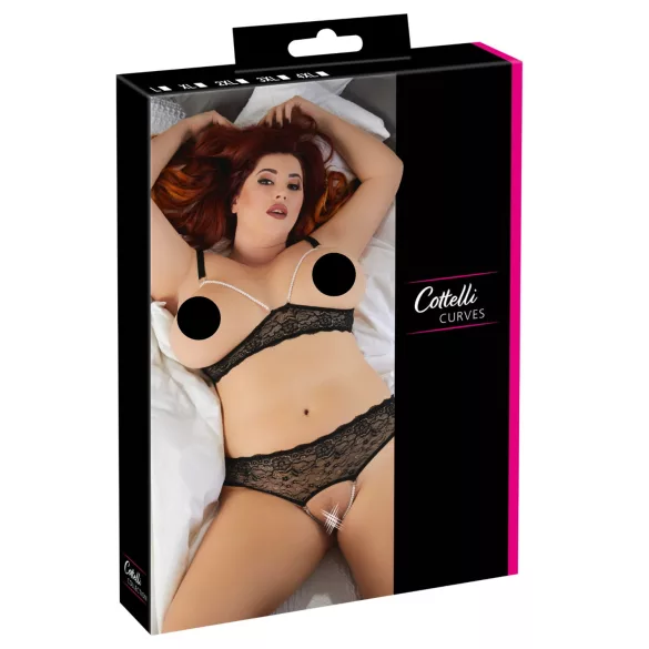 Cottelli Plus Size - komplet perilo z biseri - črna