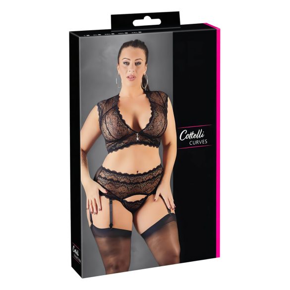 Cottelli Plus - bleščeči čipkasti komplet (črni) - 2XL