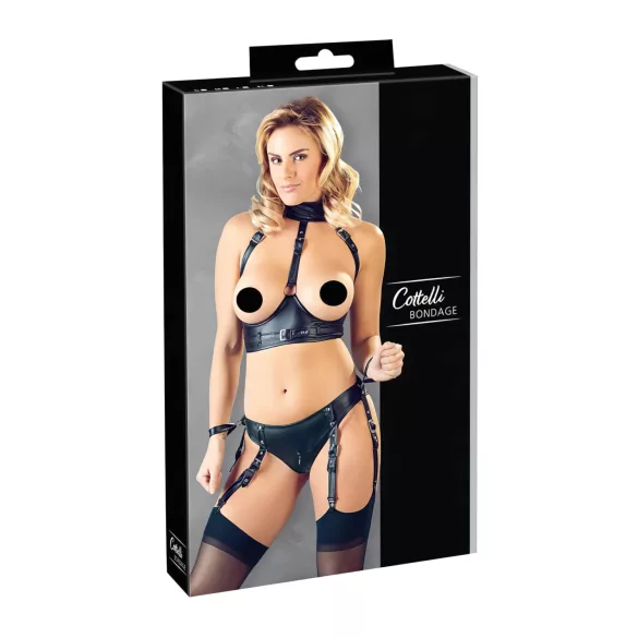 Cottelli Bondage - komplet za dvig prsi z lisicami - sijajna črna - XL