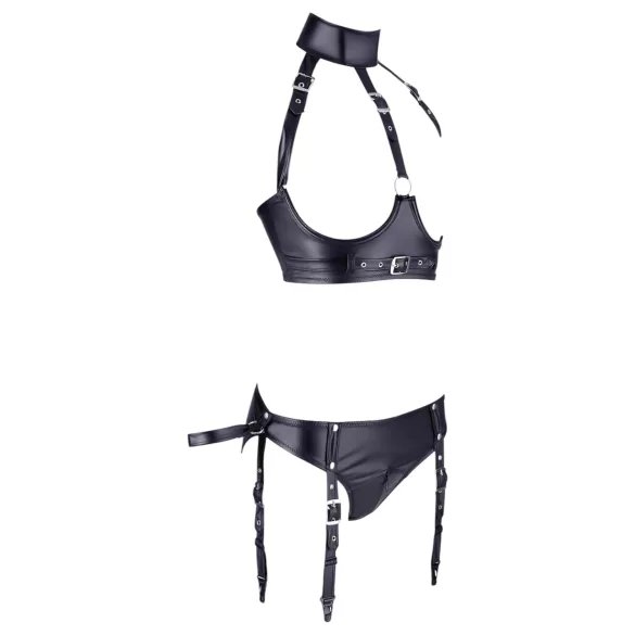 Cottelli Bondage - komplet za dvig prsi z lisicami - sijajna črna - XL