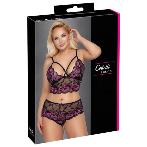 Cottelli Plus Size - cvetlični modrček set (črno-vijoličen) - 3XL/4XL