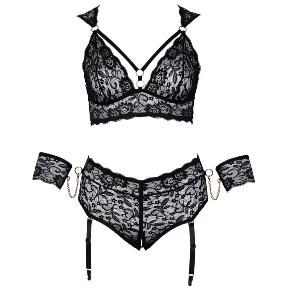 Cottelli Bondage Plus Size - čipkasti nedrček komplet (črn) - 3XL