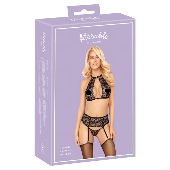 Poljubljiv - čipkast komplet modrčka z ovratnikom (črna) - L/XL