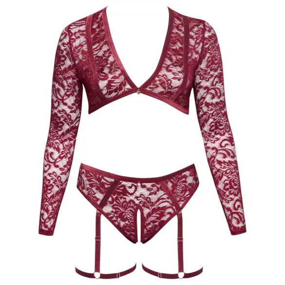 Cottelli Curves - čipkasti komplet z dolgimi rokavi - rdeča - 2XL