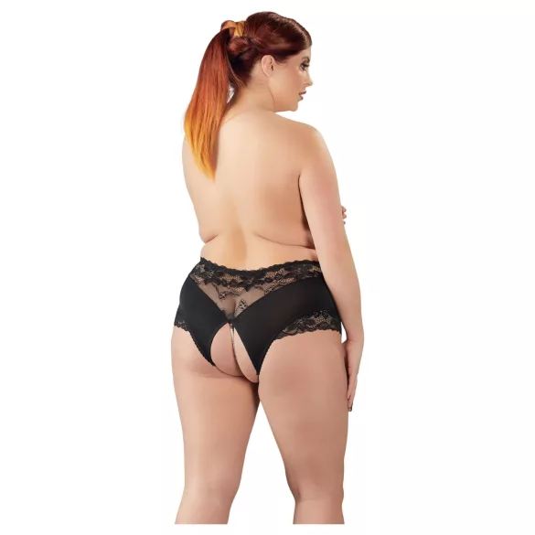 Cottelli Plus Size - odprte hlačke - čipka, perle, črna - XL