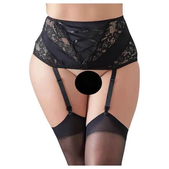 Cottelli Plus Size - čipkast pas za nogavice z vezalkami - črna - XL