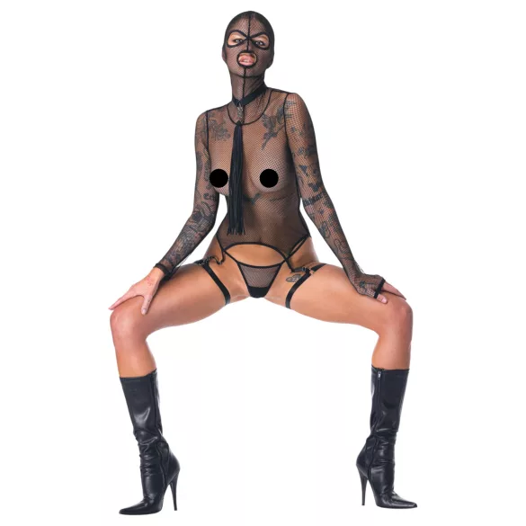 Bad Kitty - prosojen mrežast BDSM komplet z bičem (črn)