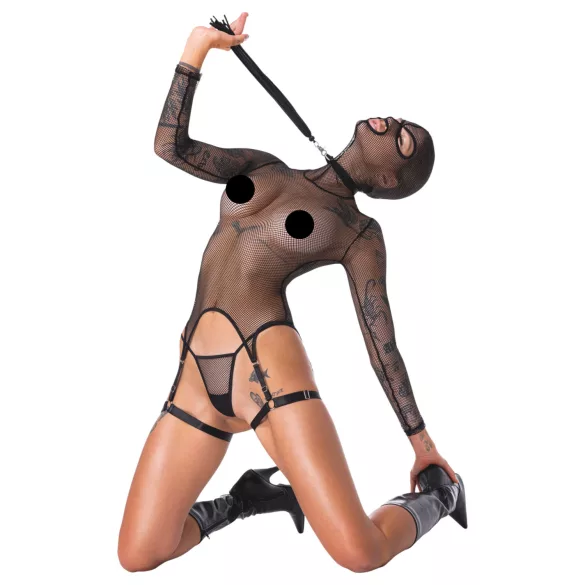Bad Kitty - prosojen mrežast BDSM komplet z bičem (črn)
