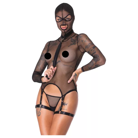Bad Kitty - prosojen mrežast BDSM komplet z bičem (črn) - M