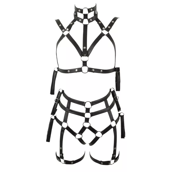 Bad Kitty - set črnega bondage nedrčka in oprsnega traku - L/XL