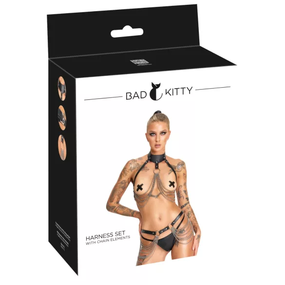 Bad Kitty - 3-delni črni pasni set z naramnicami za prsi in boke (S-L)