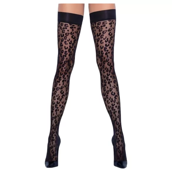 Cottelli Legwear - samostoječe nogavice - leopard vzorec - črne