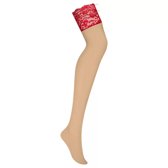 Obsessive - čipkaste nogavice - rdeče/bež - L/XL