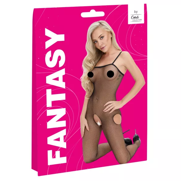 Cottelli Fantasy - črna mrežasta mačja obleka z odprtimi boki (S-L)