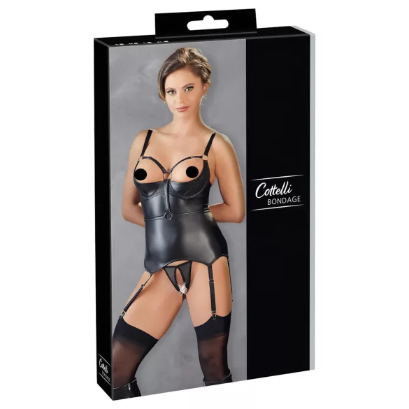 Cottelli Bondage - svetleč podložen nedrček s potiskom prsi in lisicami (črna)