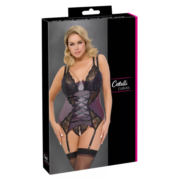 Cottelli Curves - čipkast komplet perila s španskimi vezalkami (vijoličen) - 90D/XL