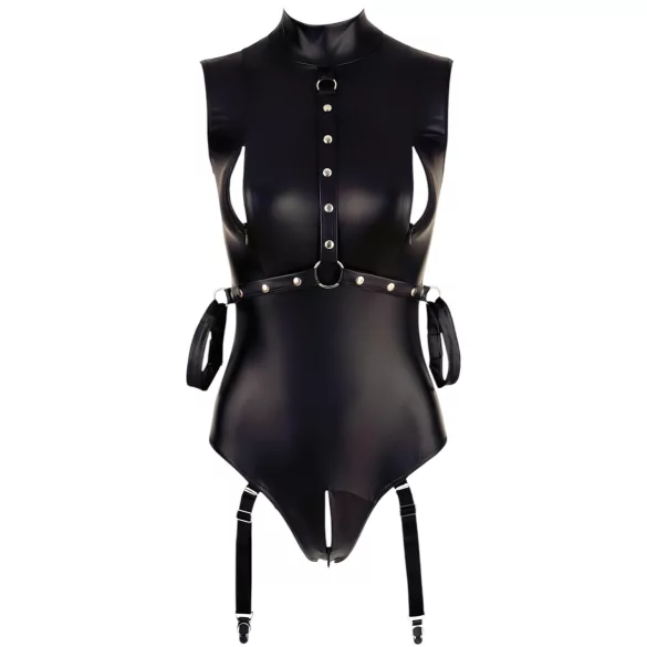 Cottelli Bondage - erotični body brez rokavov - sijoč - z lisicami za roke - črn - L