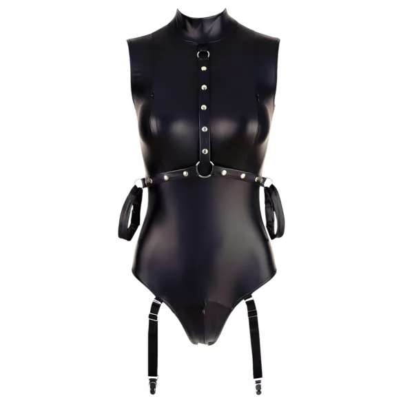 Cottelli Bondage - erotični body brez rokavov - sijoč - z lisicami za roke - črn - XL
