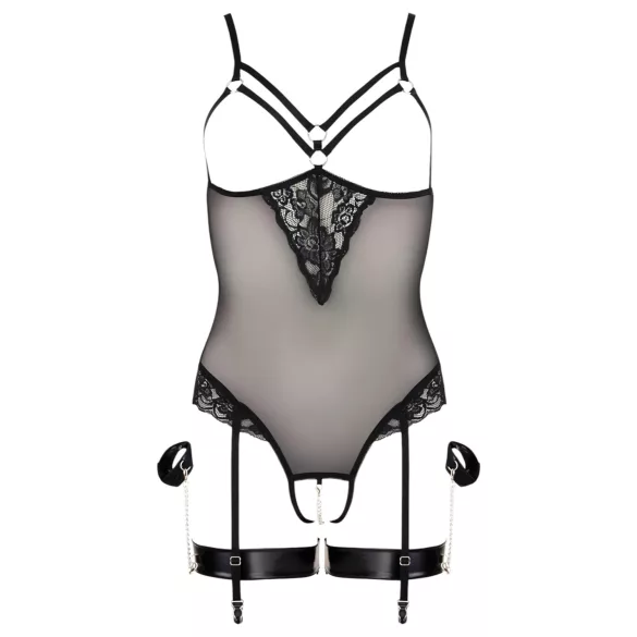 Cottelli Bondage - body z obročem in lisicami za roke - črna - XL