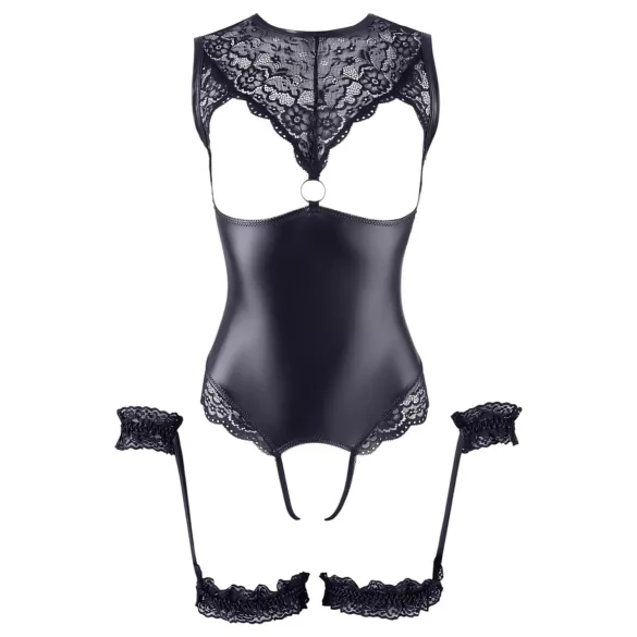 Cottelli Bondage - erotično odprto body z lisicami - sijaj črna - M