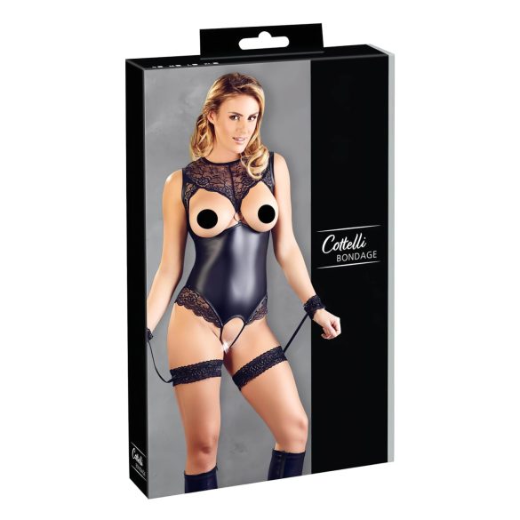 Cottelli Bondage - svetleč odprt body in zapestno okovje (črna) - L