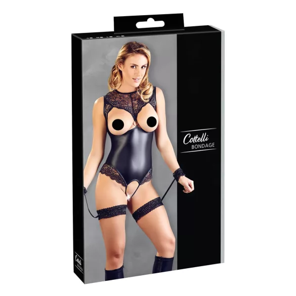 Cottelli Bondage - erotično odprto body z lisicami - sijaj črna - L