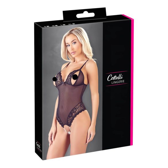 Cottelli - čipkast, biserni odprt bodi (črna) - XL