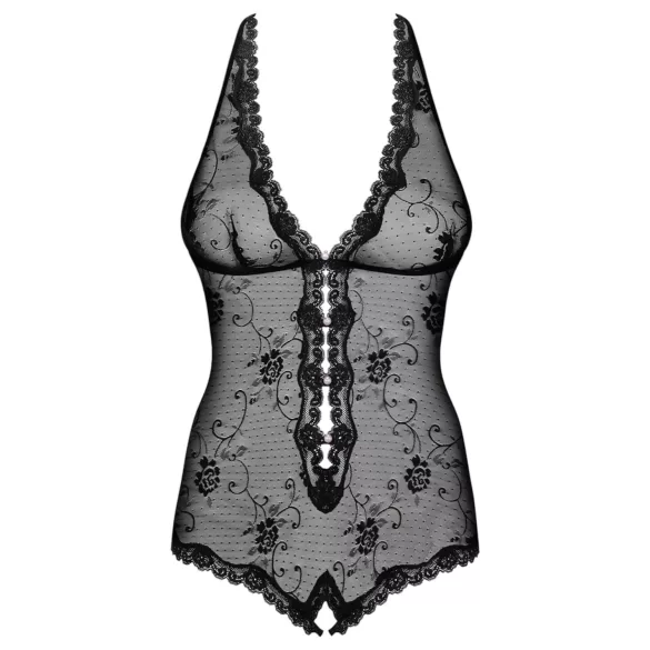 Obsessive - body z biseri in čipko - odprt, črna - L/XL